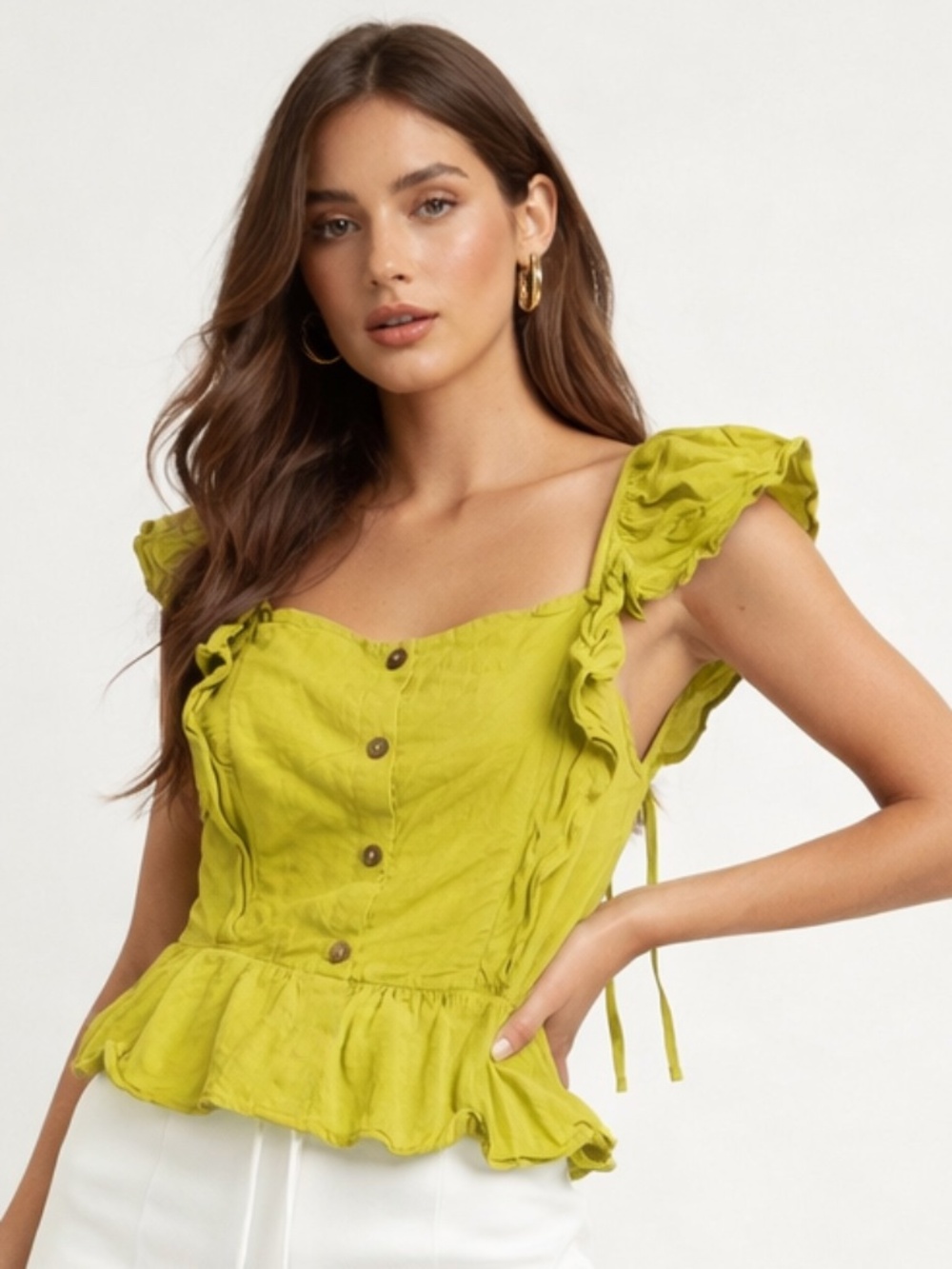 Moa Moa Chartreuse Ruffle Tie-Back Blouse